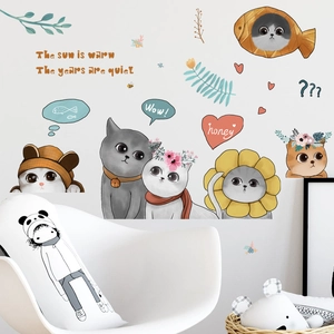 Cartoon hand-painted cat wall decals for kids room featuring cozy kitten illustrations