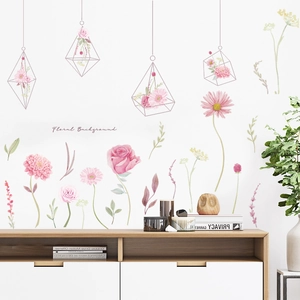 Floral watercolor wall stickers with pink roses and hanging frames for bedroom decor