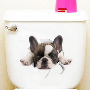 Realistic 3D French Bulldog wall sticker breaking through a white bathroom toilet surface