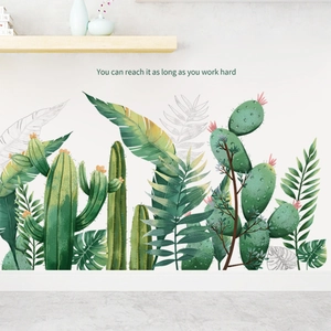Hand-painted tropical cactus and palm leaf wall decals for modern living room decor