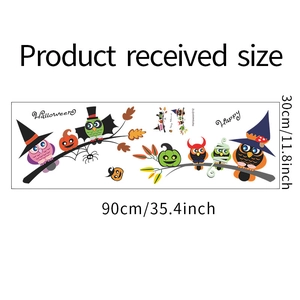 Layout of Halloween owl wall decals featuring pumpkin, bat and wizard hat 30x90cm size