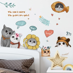 Hand-painted cartoon cat and fish wall stickers for nursery and home wall decoration