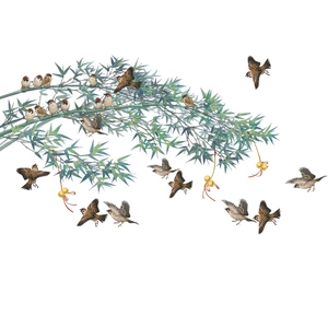 Detail of Chinese style wall decal featuring green bamboo branches and sparrows