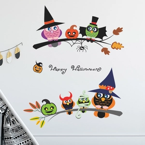 Cartoon owl and pumpkin wall stickers set with Happy Halloween lettering on white wall