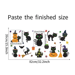Tableau des tailles détaillé pour stickers muraux Halloween chat et citrouille en cm et pouces