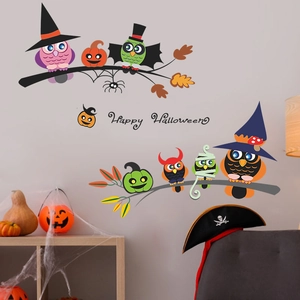 Cartoon Halloween owl and pumpkin wall stickers set for window glass decoration
