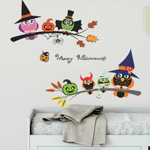 Cartoon Halloween owl wall stickers with pumpkin and Happy Halloween text for decor