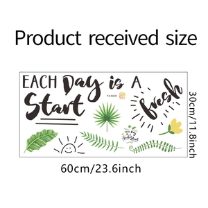 Detailed dimension guide for green leaves wall sticker with Each Day is A Fresh Start text