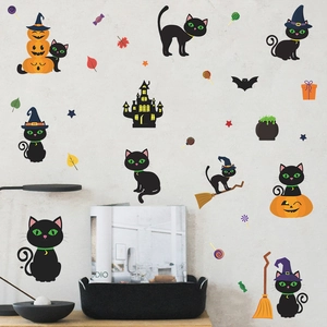 Stickers muraux Halloween mignons avec chats noirs et citrouilles pour déco festive