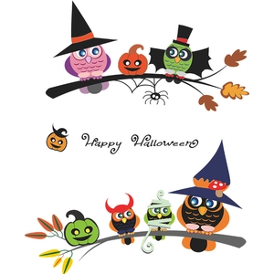 Cartoon Halloween owl wall stickers set with pumpkins and Happy Halloween greeting