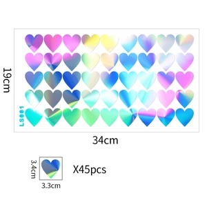 Guida alle taglie per 45 adesivi a cuore olografici, foglio da 34 cm x 19 cm