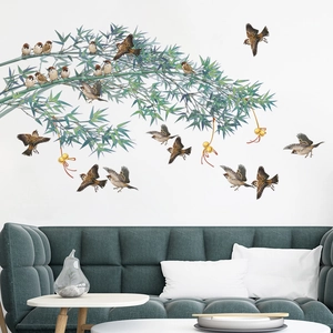Chinese style sparrow and bamboo wall stickers for living room sofa background decoration