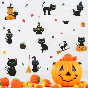 Autocollants muraux Halloween avec chat noir, citrouilles et chauves-souris décoratifs