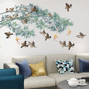 Chinese style bamboo wall stickers with sparrows and gourds for living room decoration