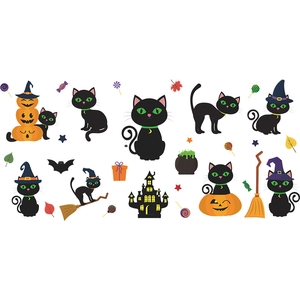 Stickers muraux Halloween avec chats noirs citrouilles et décor de château hanté