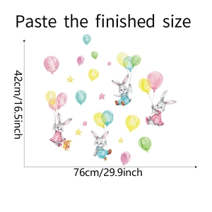 Detail view of cartoon rabbit wall stickers with balloons showing 42x76cm finished size