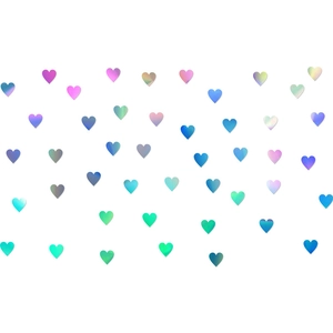Dettaglio degli adesivi murali a forma di cuore olografico con riflessi arcobaleno vivaci