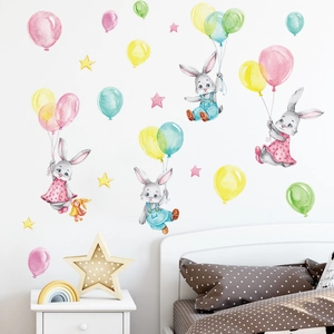 Cartoon bunnies and balloons wall decals for kids bedroom, watercolor hand-painted style