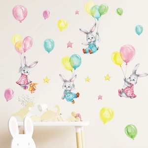 Hand-painted bunny and balloon wall stickers for nursery and kids bedroom decoration