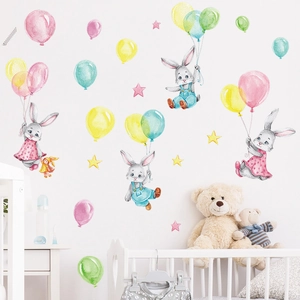 Cartoon rabbit and colorful balloons wall decals for kids bedroom nursery wall decoration
