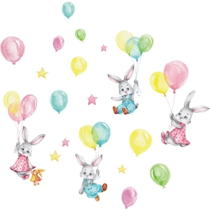 Cartoon rabbit and colorful balloon wall decals in watercolor style for nursery decor