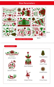 Detailed size guide for 9-piece Christmas window stickers featuring reindeer and tree motifs