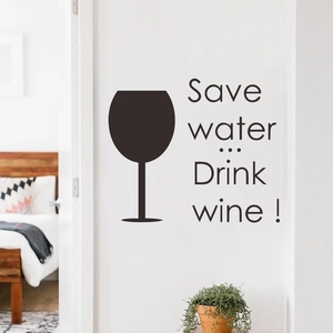 Minimalist 'Save Water Drink Wine' wall sticker with wine glass silhouette for home bars
