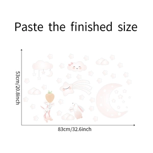 Detailed size guide for rabbit and moon wall stickers with finished dimensions 83x53cm