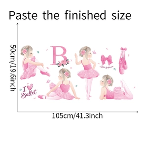 Dettaglio di adesivi murali ballerina rosa con specifiche delle dimensioni di 105x50cm