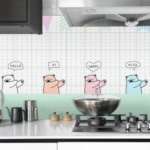 Waterproof kitchen oil-proof wall sticker with cute cartoon bears on white tile grid