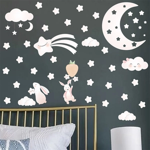 Cartoon moon stars and clouds wall stickers set with cute rabbits for kids bedroom decor