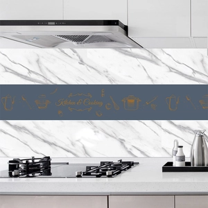 Self-adhesive white marble kitchen wall sticker with Kitchen and Cooking text
