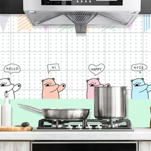 Kitchen oil-proof wall sticker with cute colorful cartoon bears and mesh pattern