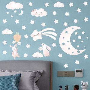 Cartoon moon star clouds wall stickers for kids bedroom with cute rabbit decoration