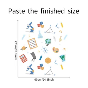 Size guide for educational wall stickers featuring science and math icons, 72x63 cm size