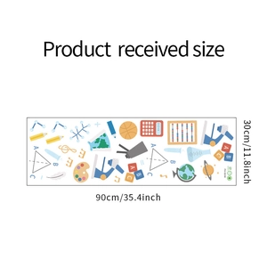 Educational wall sticker size guide 90x30cm featuring school tools and science icons