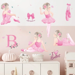 Simpatici Adesivi da Parete in Cartone Animato Ragazza di Balletto Rosa Ballerina Danzante Floreale Fai da Te PVC Decalcomanie da Muro Per Bambini Ragazze Camera da Letto