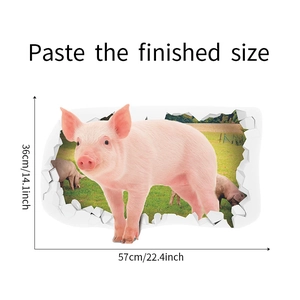 Detail view of 3D cartoon pink pig wall sticker with product dimensions 36x57cm