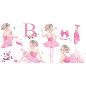 Adesivi murali ballerina con scarpe da ballo e lettere floreali per camera da letto