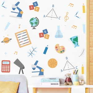Educational wall stickers with microscope globe and calculator for kids study room