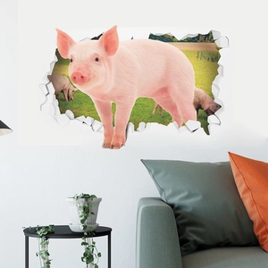3D wall sticker featuring a cute pink pig breaking through wall for kids room decor