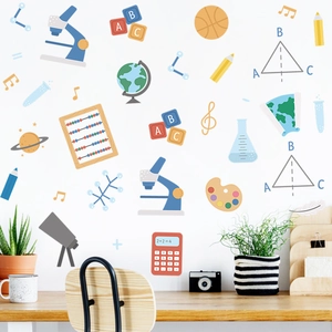 Educational wall decals featuring microscope and globe icons for kid study room decor