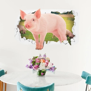 3D pink pig broken wall sticker for kids room with realistic animal field scenery