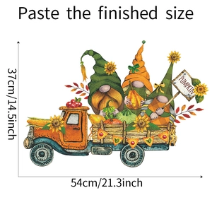 Detail of watercolor gnome truck wall sticker with autumn pumpkins and sunflowers