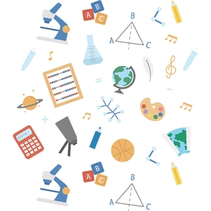 Flat vector educational wall stickers featuring microscope, globe, and art tools for kids