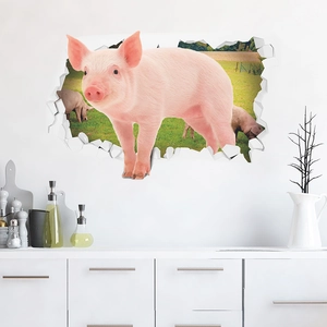 3D cute pink pig wall sticker breaking through wall for kids room decor self-adhesive