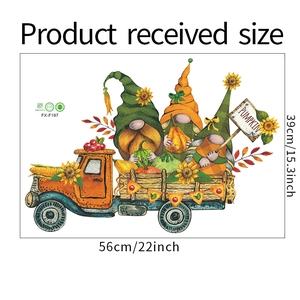 Detailed size chart for autumn gnome pumpkin truck wall decal 39cm by 56cm