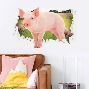 3D Broken Wall Pink Pig Wall Sticker For Kids Room Cute Animal Farm Pattern Self Adhesive PVC Decal Home Decor Mural