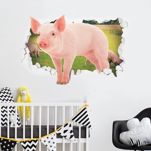 3D cartoon pink pig wall sticker breaking through wall for kids room home decor