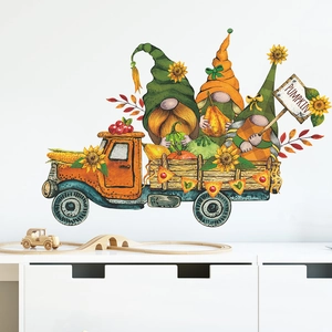 Detail showing autumn gnomes on an orange pumpkin truck wall sticker for home decor